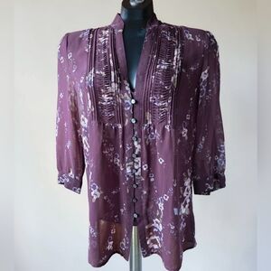 Banana Republic Plum Floral Sheer Button Up Blouse Featuring a Tuxedo Front. 